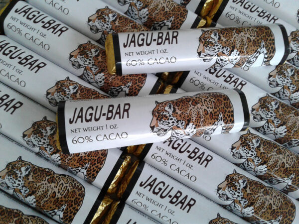 JAGU-BAR is a dark chocolate 1 oz. bar made from organic Belizean cacao nibs, organic cocoa butter, and raw sugar.